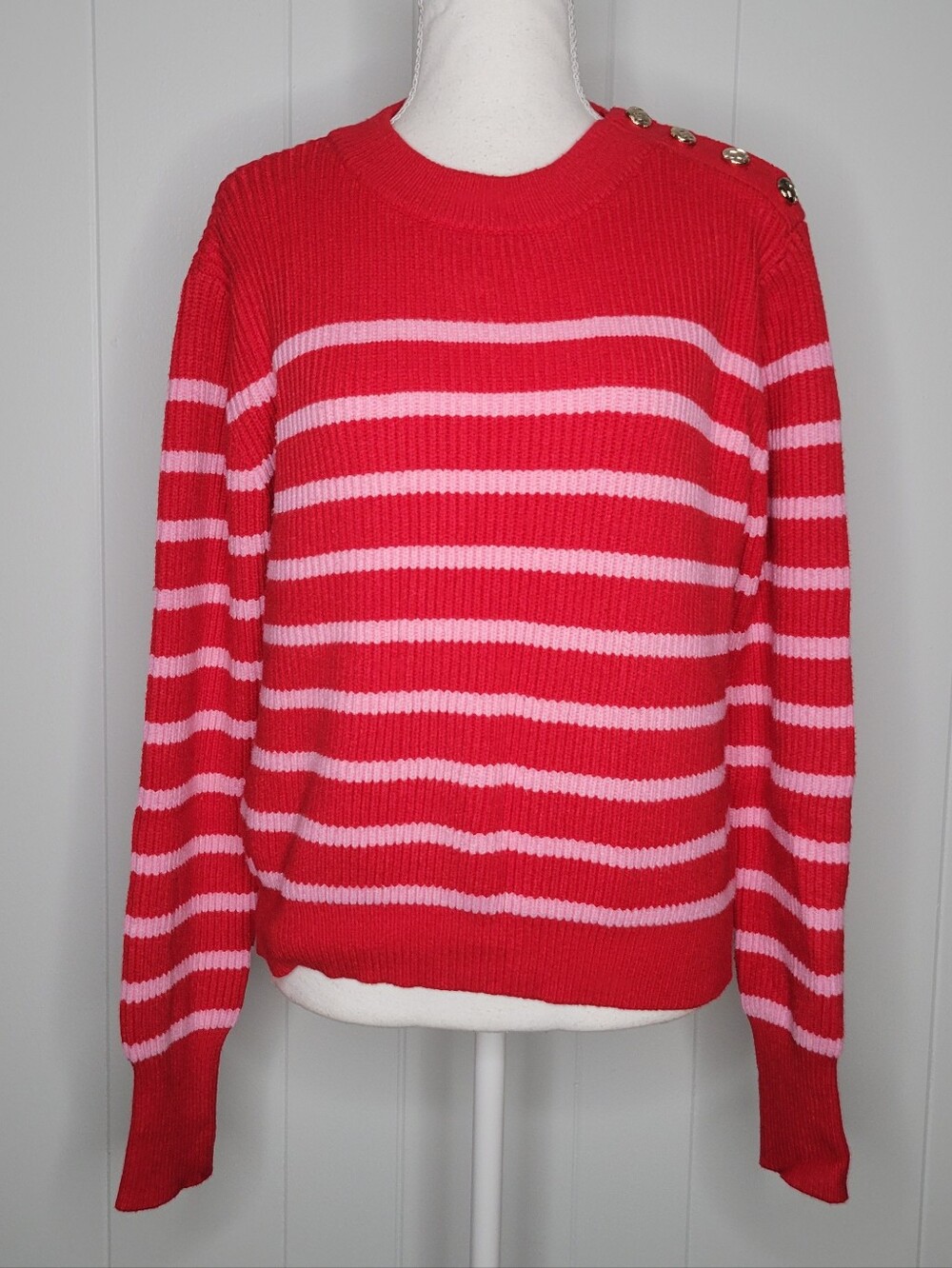 THML Striped Sweater Red & Pink Ribbed Gold Button Shoulder Accent Preppy MD